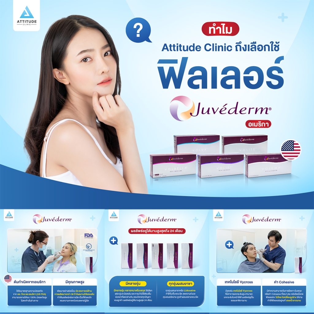 Juvederm แบรนด์ฟิลเลอร์สัญชาติอเมริกา ได้รับความนิยมฉีดมากที่สุด และเป็นฟิลเลอร์ราคาต้นทุนแพงที่สุด มาดูว่าทำไม Attitude Clinic ถึงเลือกใช้ฟิลเลอร์แบรนด์นี้