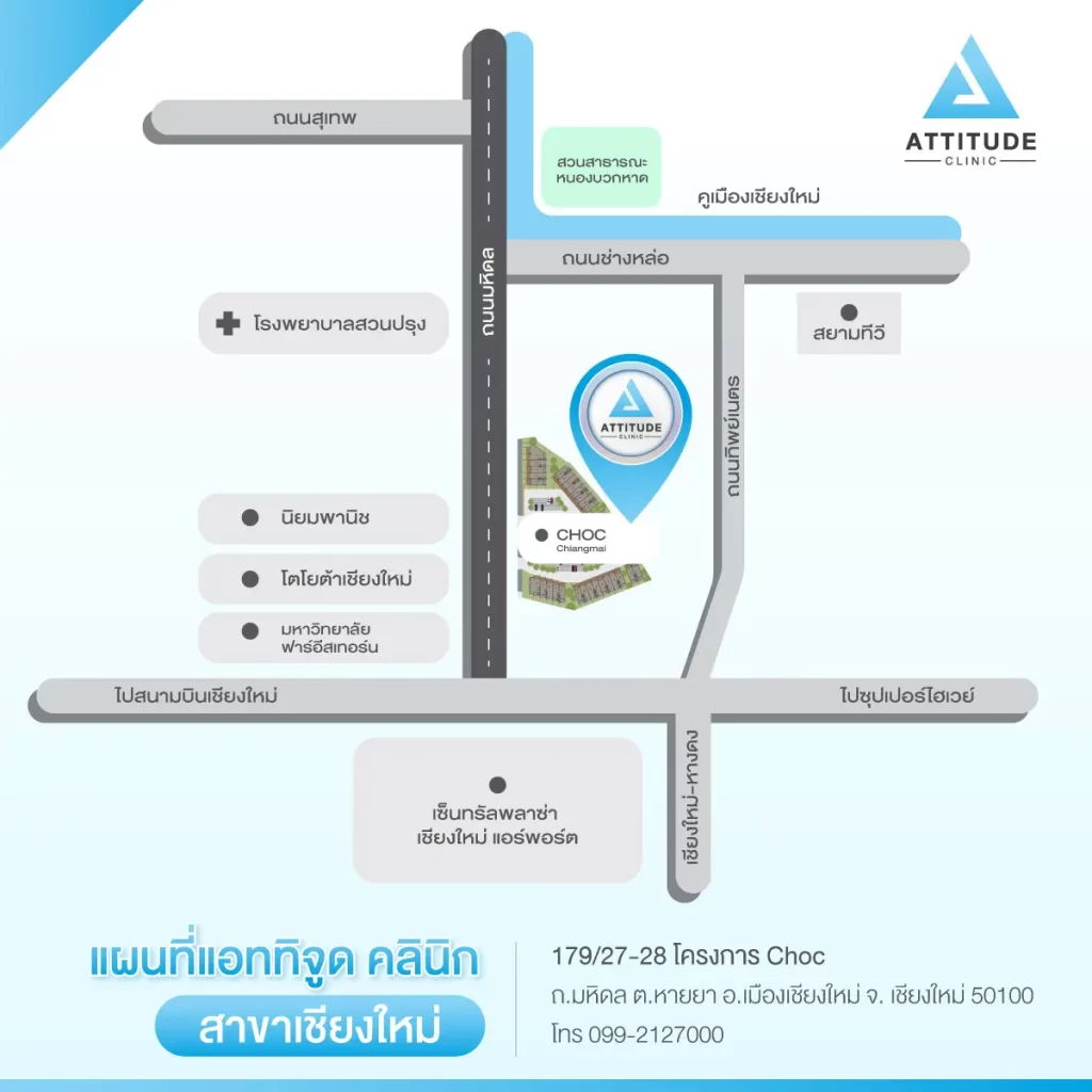 สาขาทั้งหมดของ Attitude Clinic คลินิกความงามที่ให้ความสำคัญกับมาตรฐาน และความปลอดภัยมาเป็นอันดับแรก ดูแล รักษาด้วยคุณหมอทุกเคส Attitude Clinic มีกี่สาขา ? Attitude Clinic ห้วยขวาง Attitude Clinic เชียงใหม่ Attitude Clinic เชียงราย Attitude Clinic ลำปาง Attitude Clinic แม่สาย