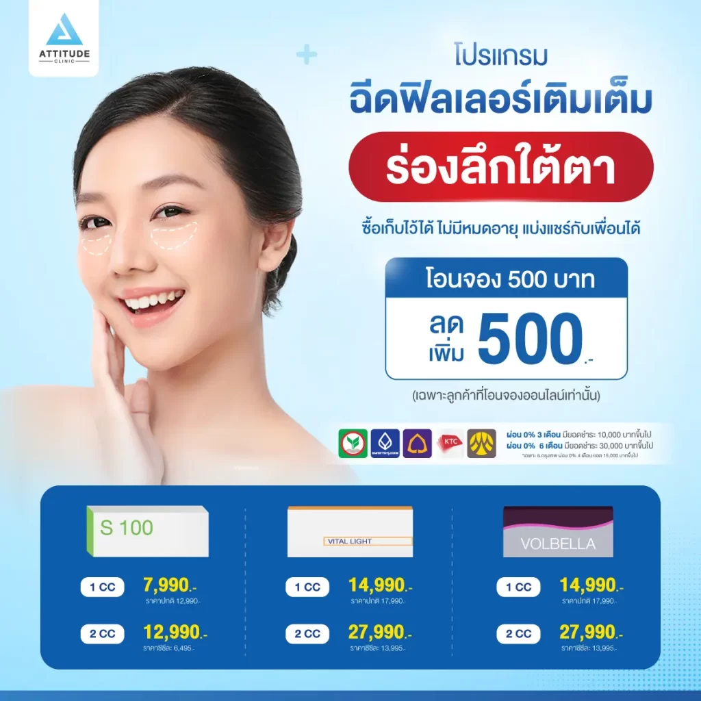 ปรับราคาใหม่ โปรโมชั่นโปรแกรมฉีดฟิลเลอร์ร่องลึกใต้ตา เติมเต็มร่องลึกใต้ตาให้อิ่มฟู เรียบเนียน แก้ปัญหาใต้ตาหมองคล้ำให้กลับมาสดใสได้ที่ Attitude Clinic