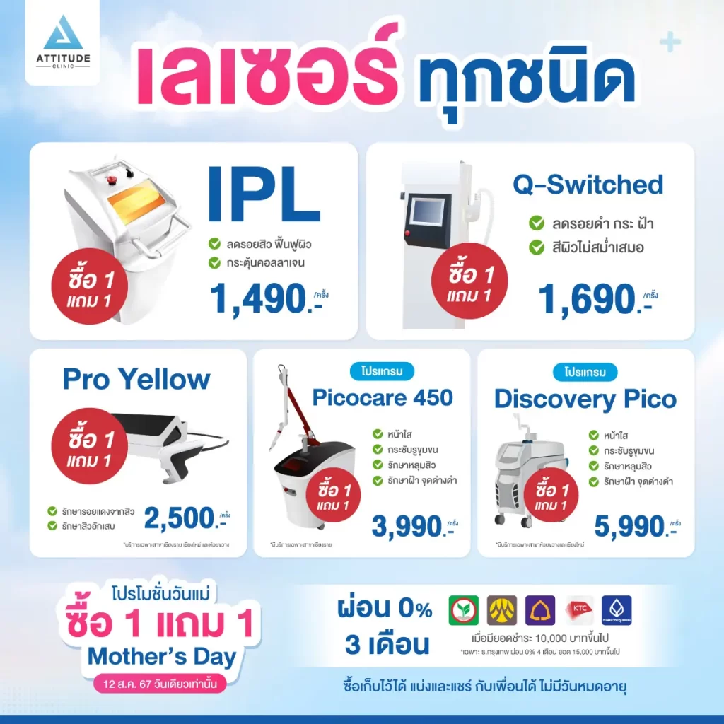 ซื้อ 1 แถม 1 วันนี้วันเดียวเท่านั้น 12 ส.ค. 67 ‼️ แอททิจูดเสิร์ฟโปรโมชั่นต้อนรับวันแม่ จัดเต็มโปรแกรมดูแลฟื้นฟูผิว ปรับรูปหน้า หมอดูแลเองทุกเคส